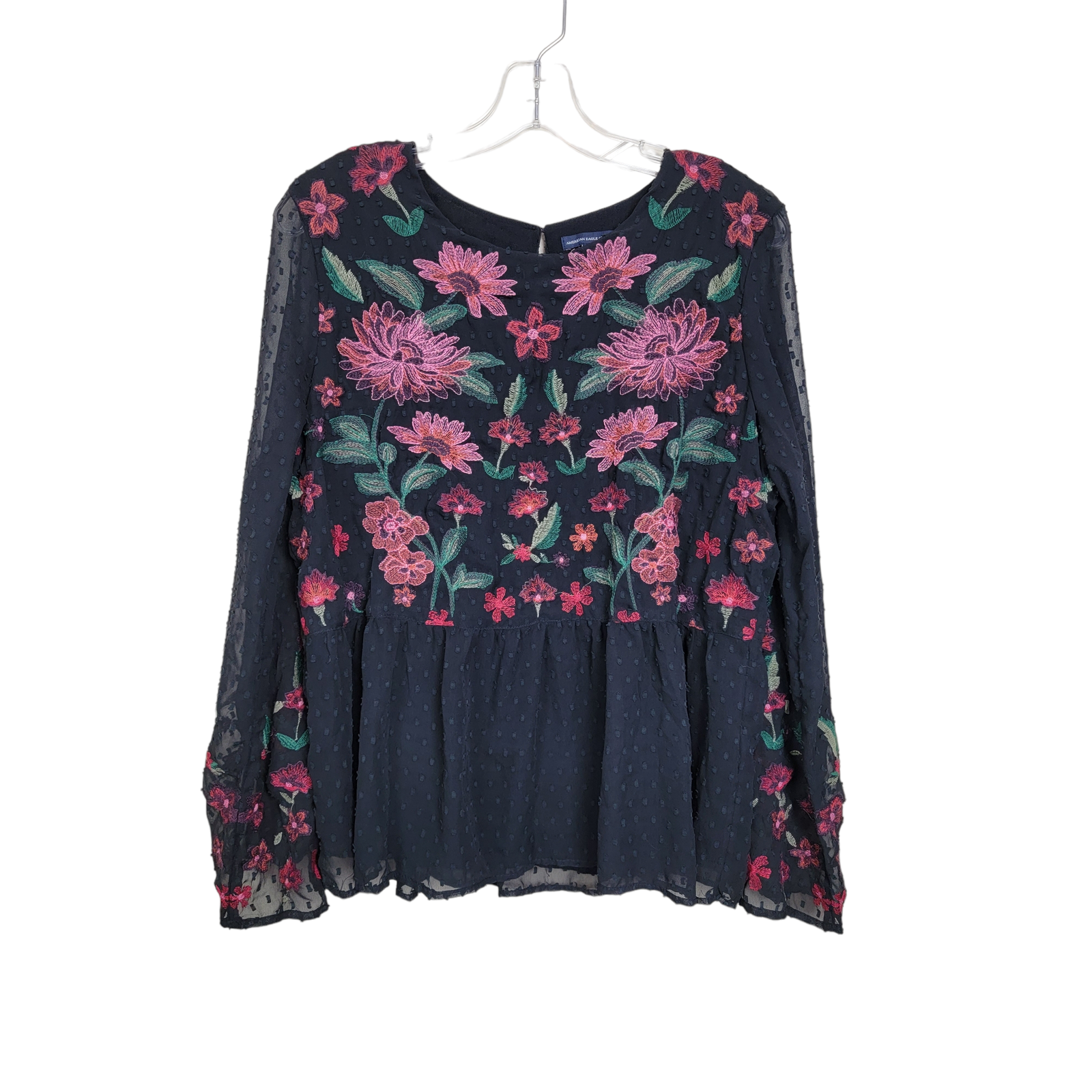 American Eagle Outfitters Women's Floral Embroidered Blouse Top Black Large